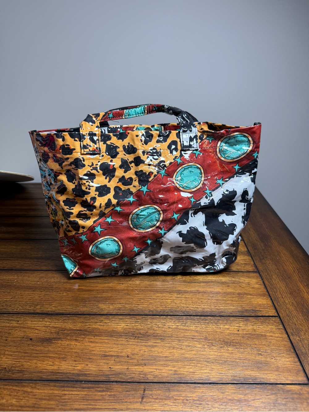 Glossy Vinyl Multicolor Cow Print Medium Tote Bag Top Handle Snap Lined